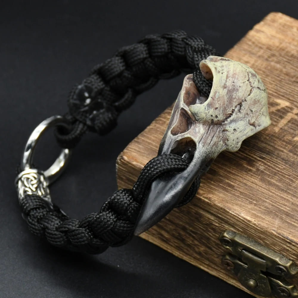 Odin's Raven Relic Bracelet - Black Rope with Crow Skull