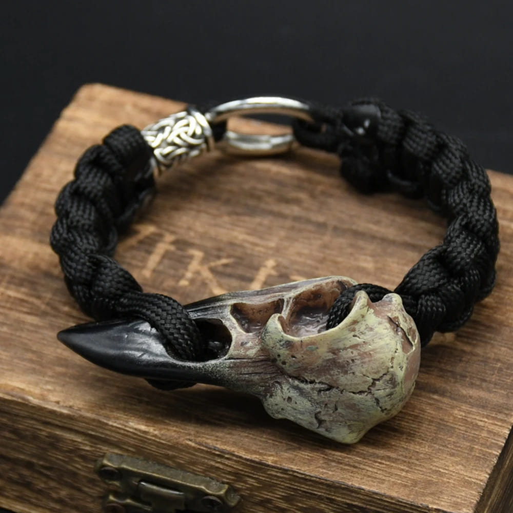 Odin's Raven Relic Bracelet - Black Rope with Crow Skull