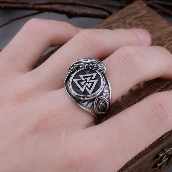 Viking Ring - Valknut With Odin's raven