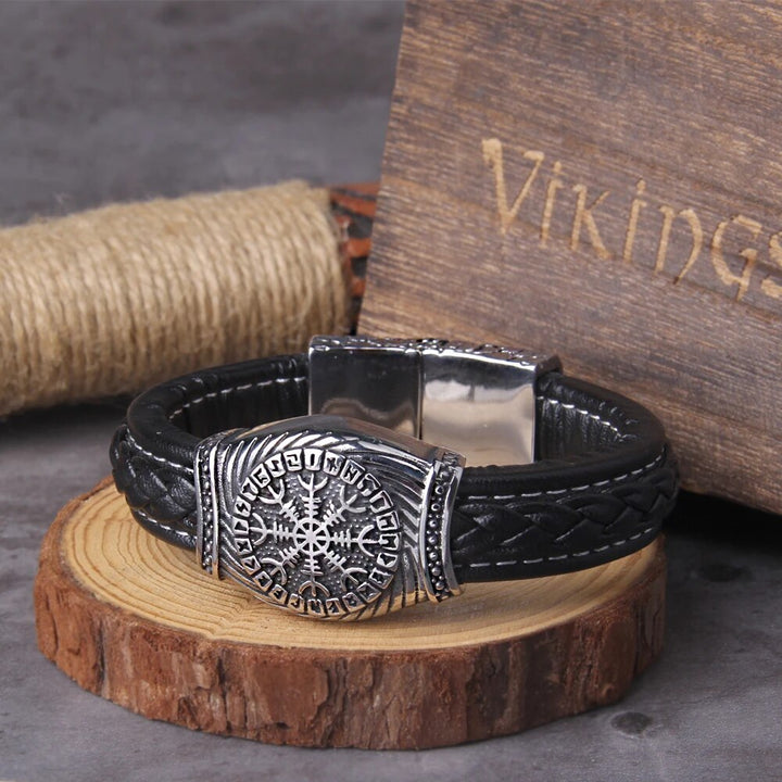 Viking Leather Bracelet - Aegishjalmur Runes