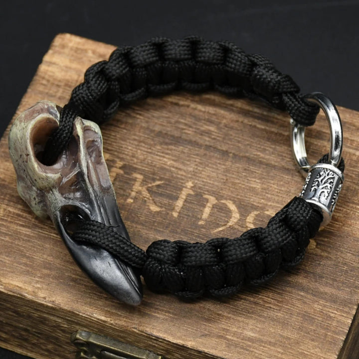 Odin's Raven Relic Bracelet - Black Rope with Crow Skull