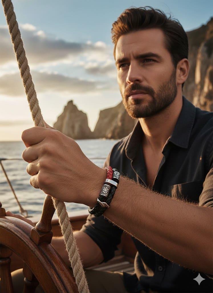 Vegvísir Wayfinder - Men's Norse Compass Faux Leather & Stainless Steel Viking Bracelet