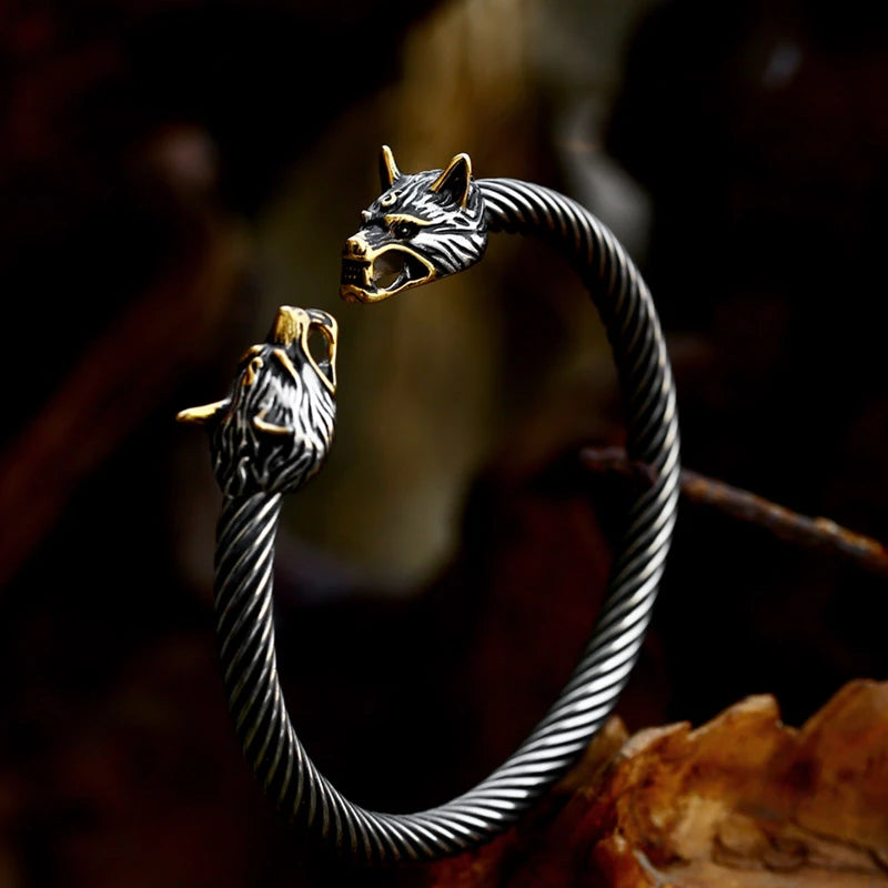 Viking Armring With Odin's Wolf Heads