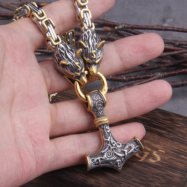 Gold Trimmed King's Chain Necklace With Wolves Holding Thor's Hammer Pendant