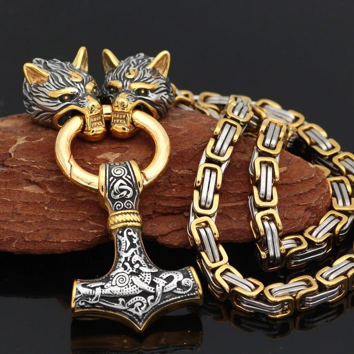 Gold Trimmed King's Chain Necklace With Wolves Holding Thor's Hammer Pendant