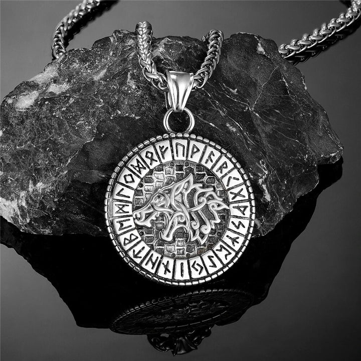 Viking Necklace - Norse Wolf In Runic Circle