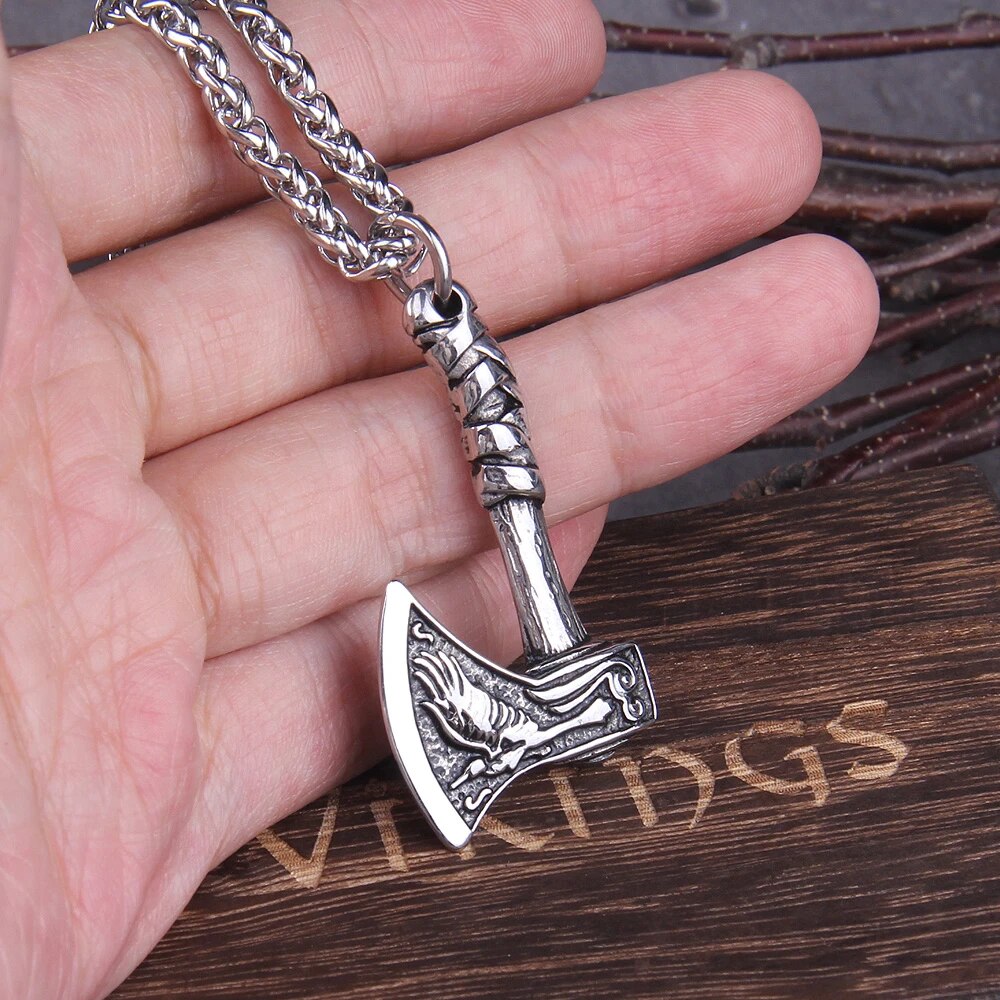 Viking Necklace - Wolf and Raven Axe Pendant