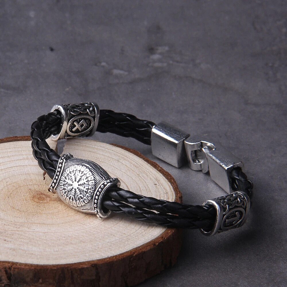 Viking Leather Bracelet - Vegvisir Symbol