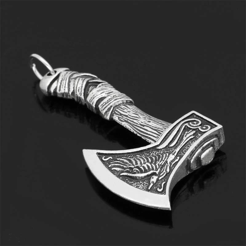 Viking Necklace - Wolf and Raven Axe Pendant