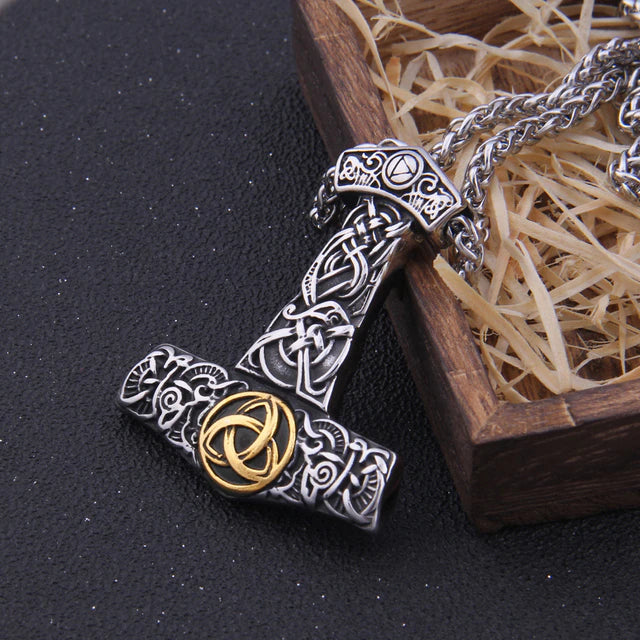 Thor Hammer Necklace - Golden Triquetra