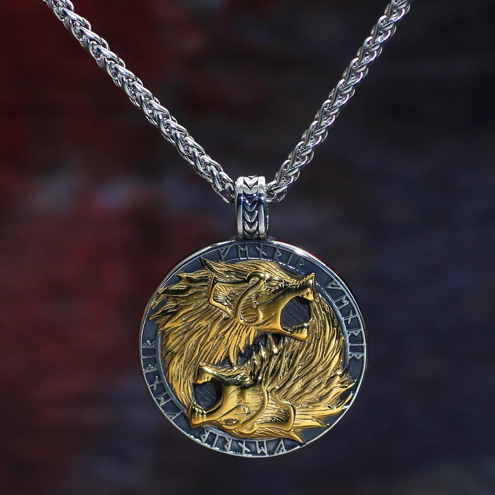 Viking Necklace - Fenrir Wolves in Runic Circle