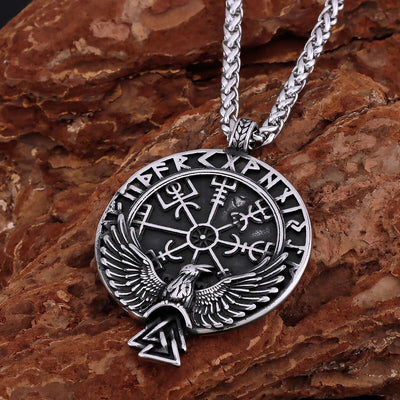 Viking Necklace - Norse Raven in Vegvisir Runes