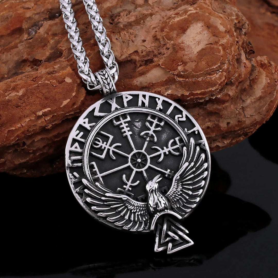 Viking Necklace - Norse Raven in Vegvisir Runes