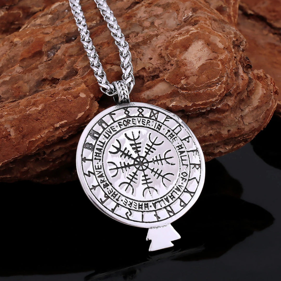 Viking Necklace - Norse Raven in Vegvisir Runes