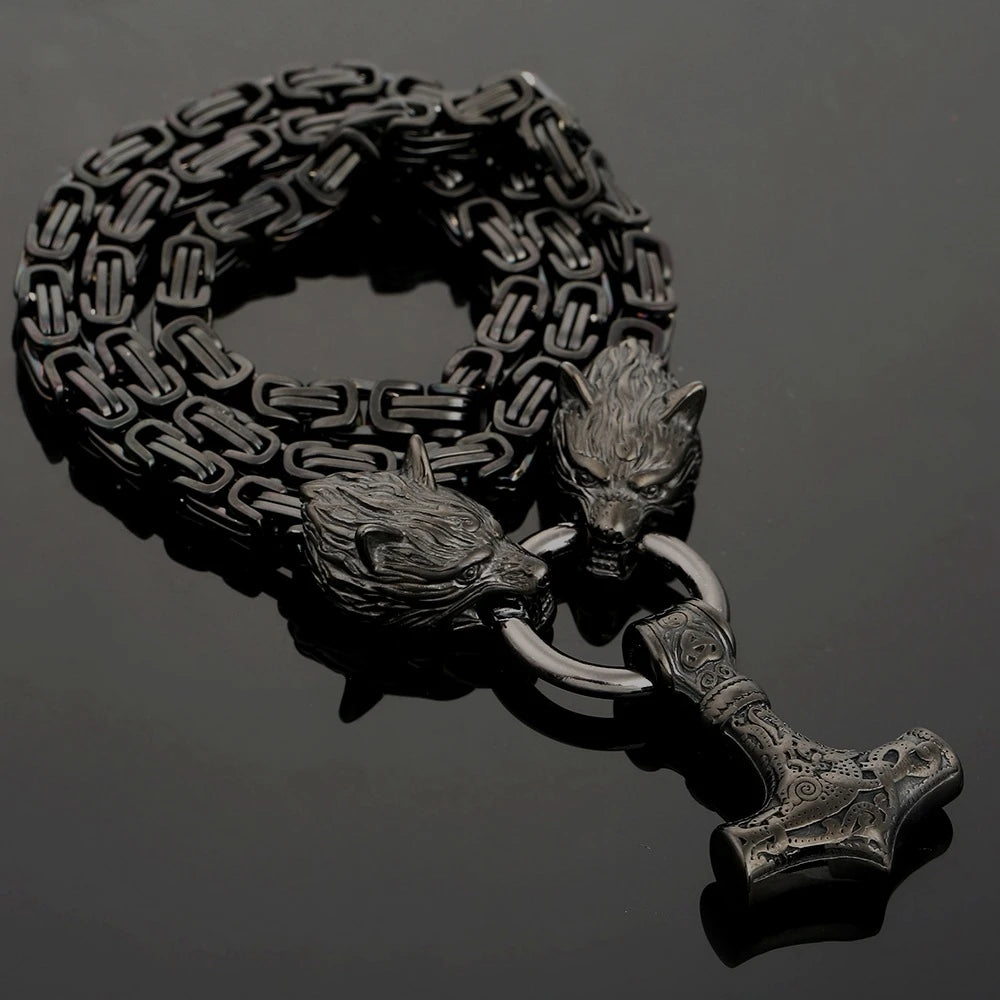 Black King Chain Featuring Wolf Heads With Mjolnir Pendant