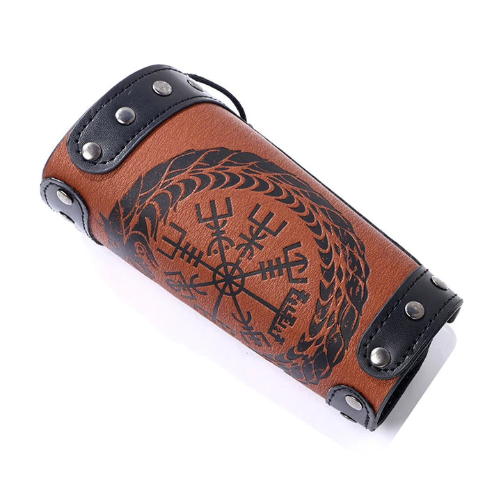 2 x Viking Wrist Guards – Brown Bracers with Vegvisir Compass & Jörmungandr