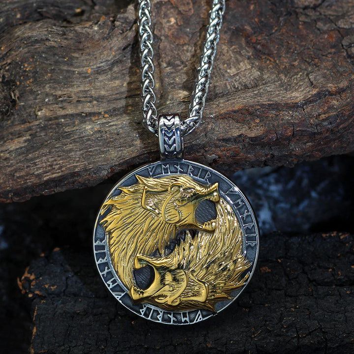 Viking Necklace - Fenrir Wolves in Runic Circle