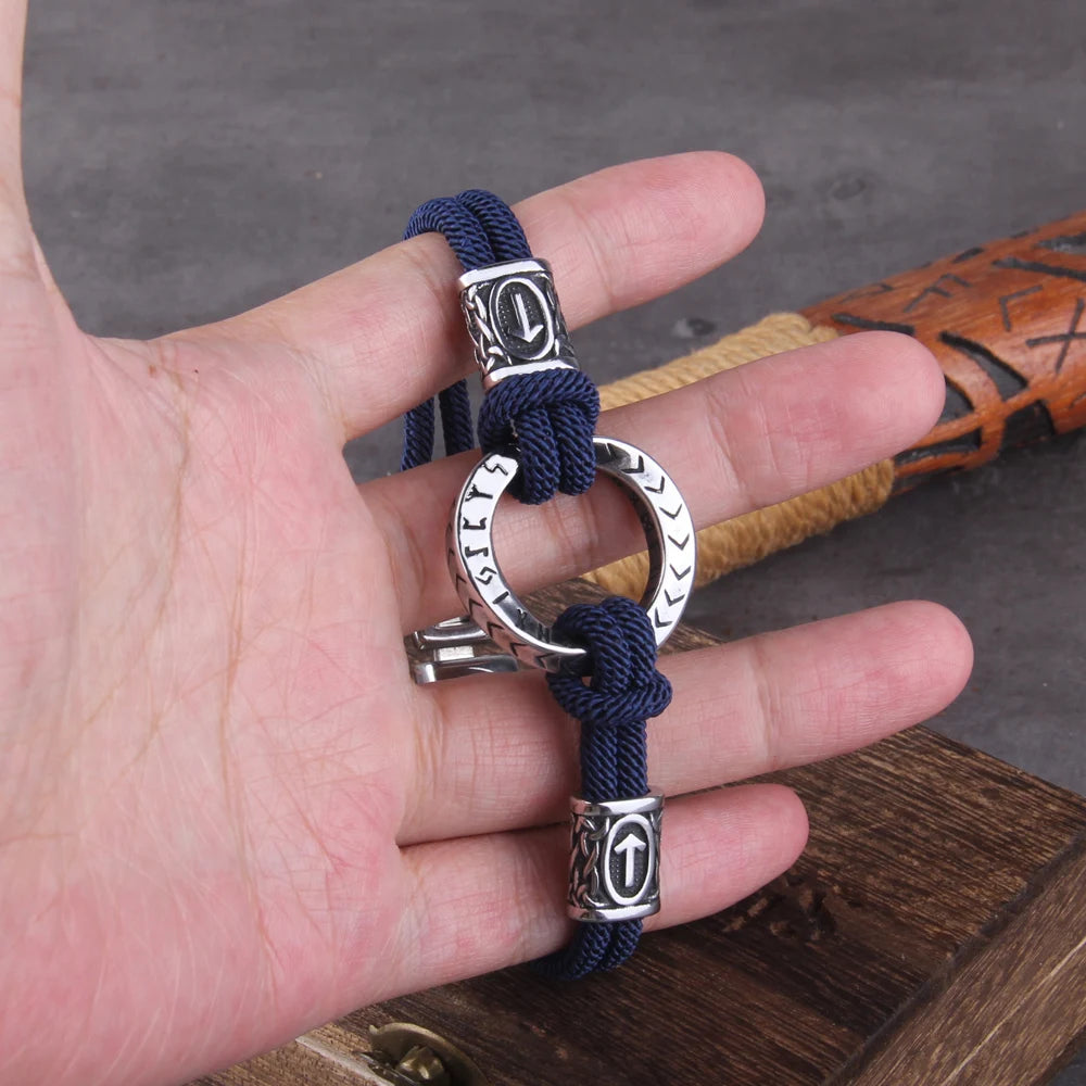 Viking Rune Blue Braided Bracelet with Easy Steel Buckle