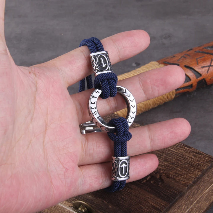 Viking Rune Blue Braided Bracelet with Easy Steel Buckle