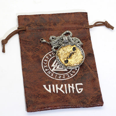 Viking Necklace - Fenrir Wolves in Runic Circle