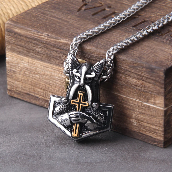 Mjolnir Necklace with Cross & Celtic Knot Design - Thor Viking Pendant