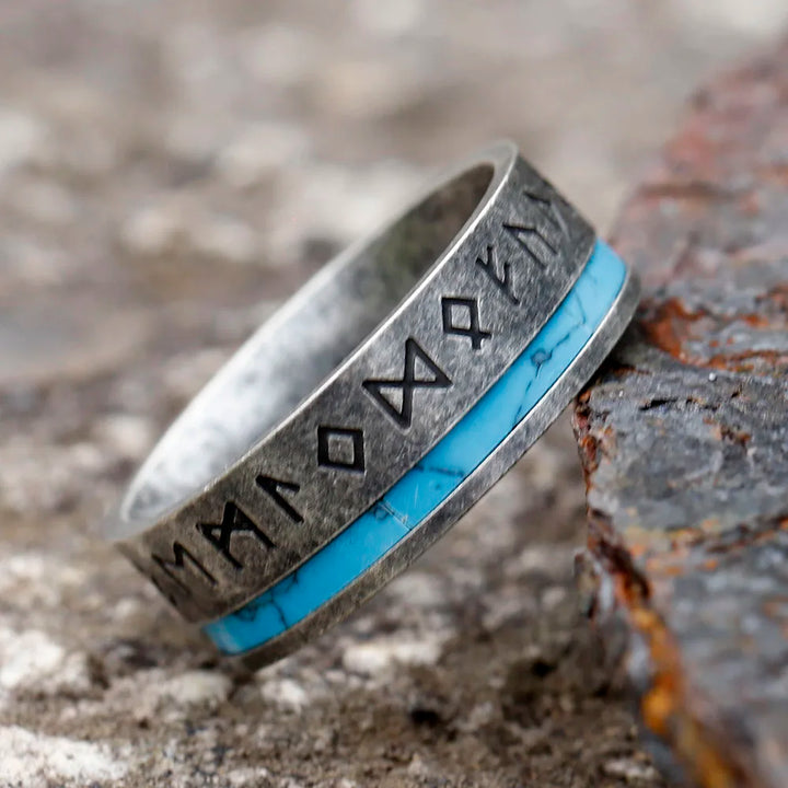 Steel Viking Ring - Rune Symbols with Light Blue Strip