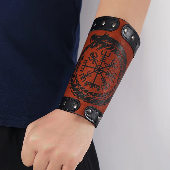2 x Viking Wrist Guards – Brown Bracers with Vegvisir Compass & Jörmungandr