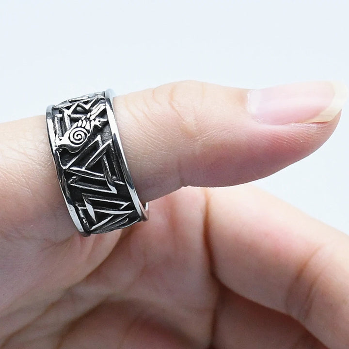 Odin Valknut Raven Ring - Stainless Steel Norse Rune Band
