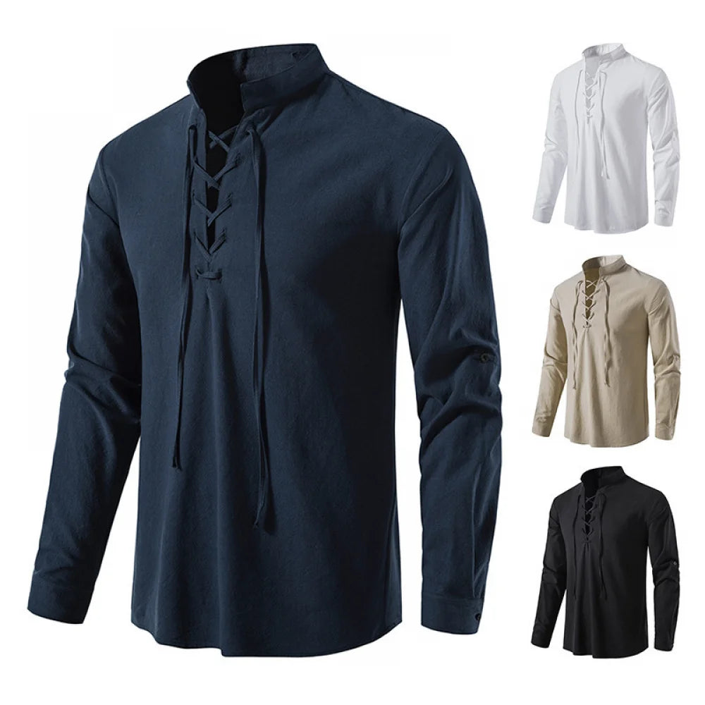 Men’s Viking Lace-Up Tunic – Nordic Medieval Cotton Linen Shirt