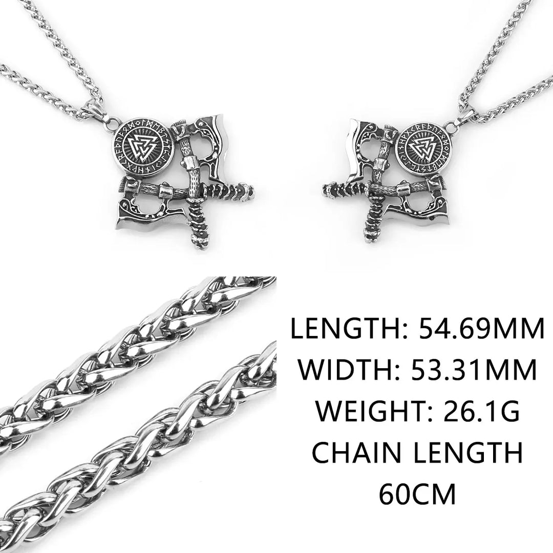 Valknut Double Axe Viking Pendant with Runes Necklace
