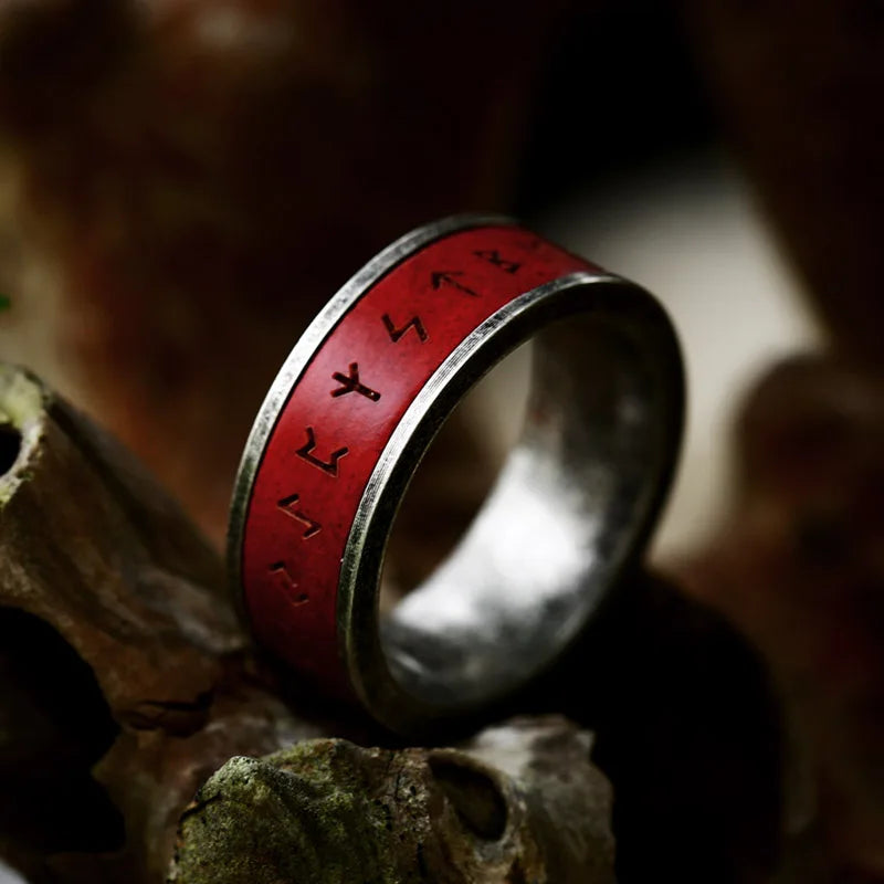 Viking Redfire Engraved Steel Rune Ring