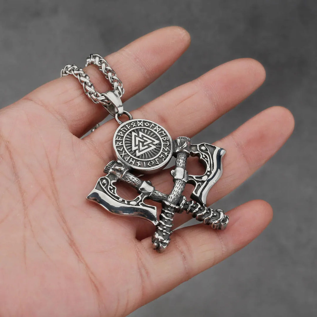 Valknut Double Axe Viking Pendant with Runes Necklace