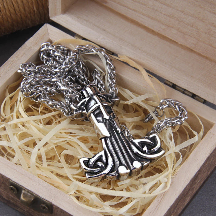 Mjolnir Necklace with Cross & Celtic Knot Design - Thor Viking Pendant