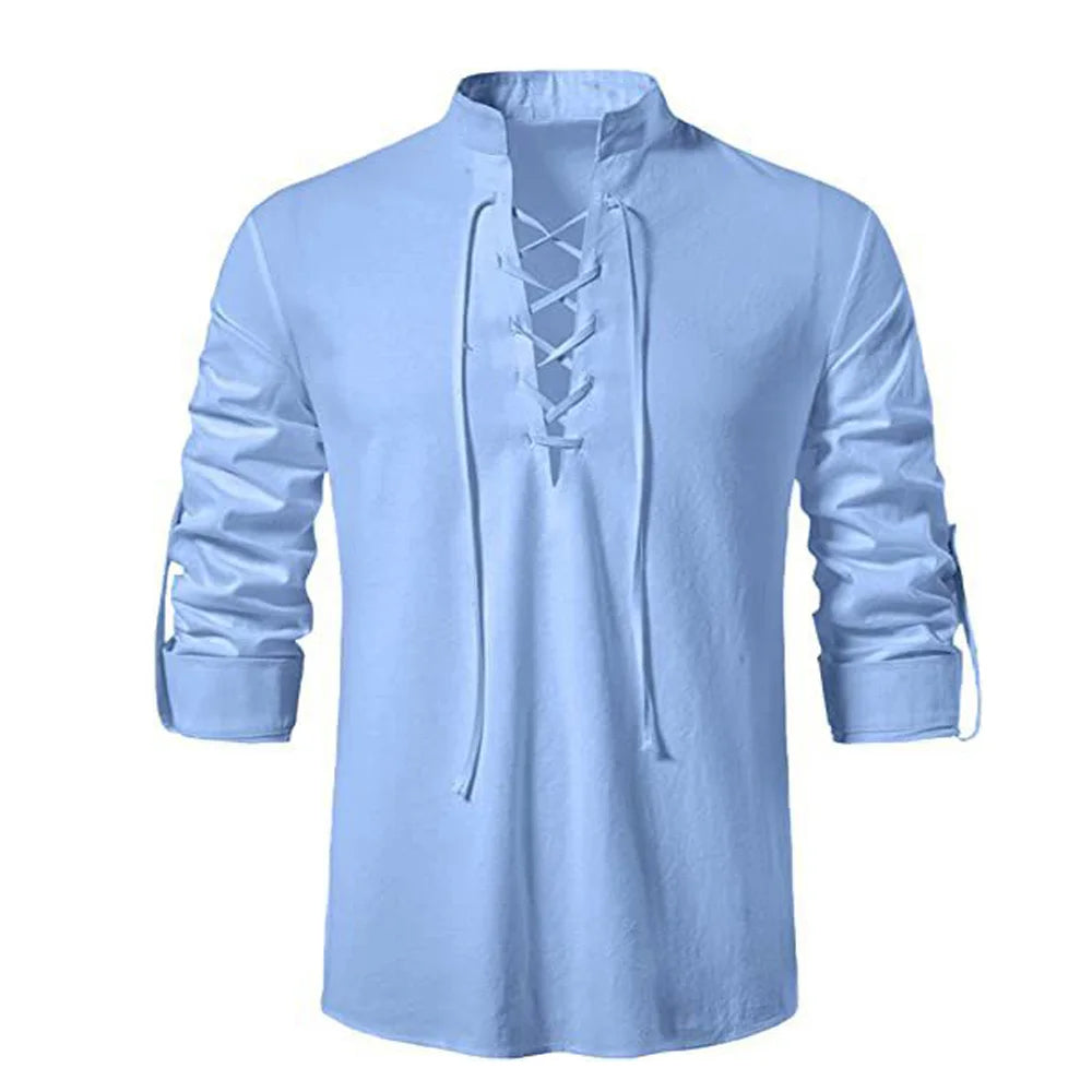 Men’s Viking Lace-Up Tunic – Nordic Medieval Cotton Linen Shirt