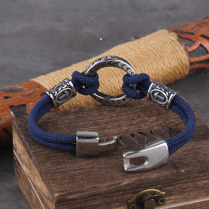 Viking Rune Blue Braided Bracelet with Easy Steel Buckle