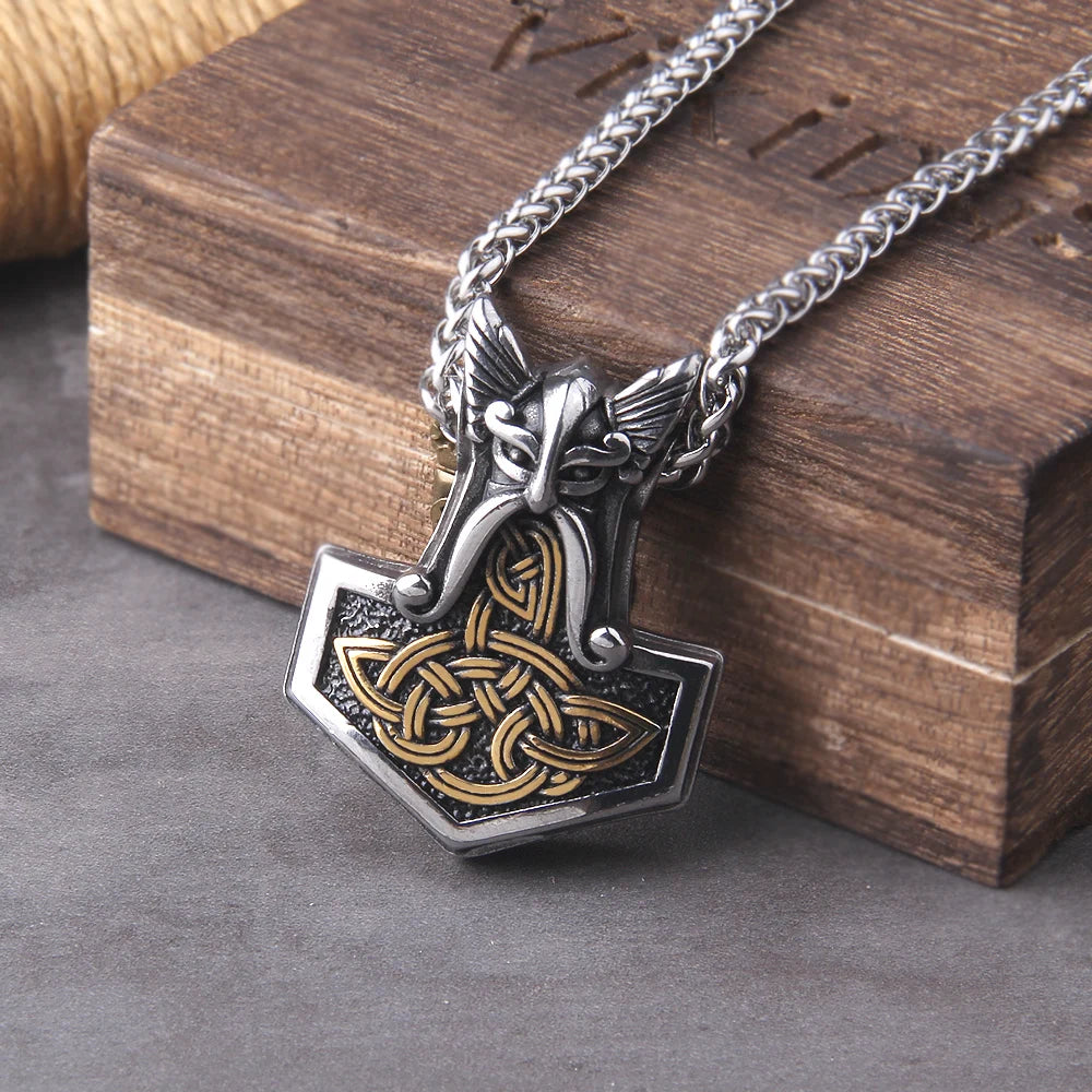 Mjolnir Necklace with Cross & Celtic Knot Design - Thor Viking Pendant