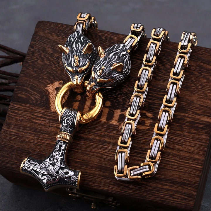 Gold Trimmed King's Chain Necklace With Wolves Holding Thor's Hammer Pendant