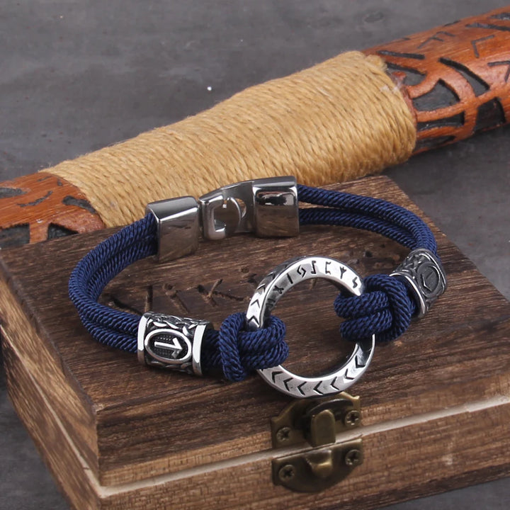 Viking Rune Blue Braided Bracelet with Easy Steel Buckle