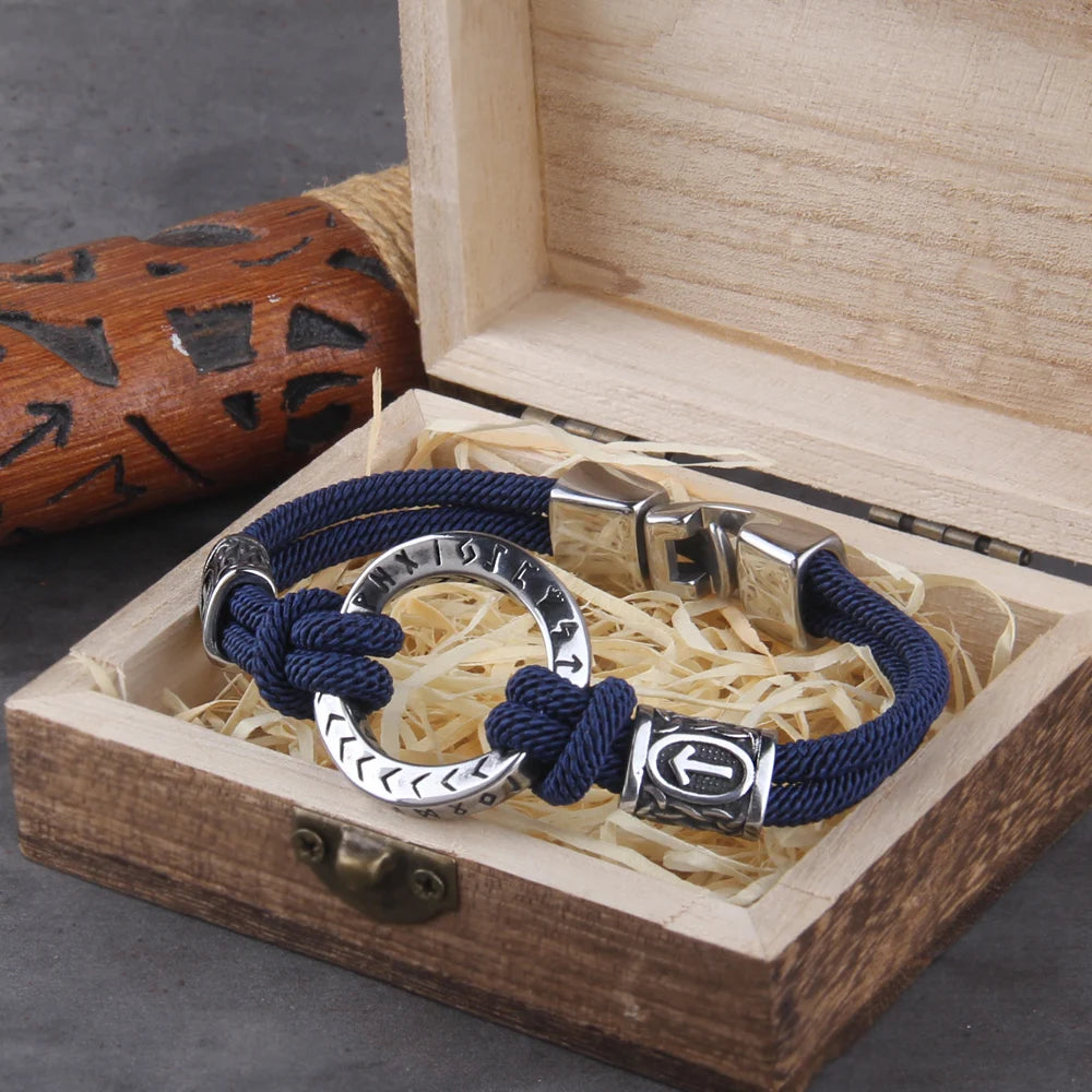 Viking Rune Blue Braided Bracelet with Easy Steel Buckle