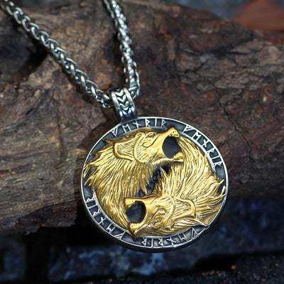 Viking Necklace - Fenrir Wolves in Runic Circle