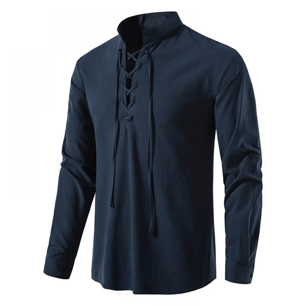 Men’s Viking Lace-Up Tunic – Nordic Medieval Cotton Linen Shirt