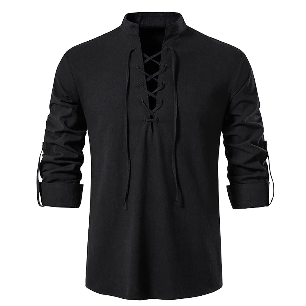 Men’s Viking Lace-Up Tunic – Nordic Medieval Cotton Linen Shirt