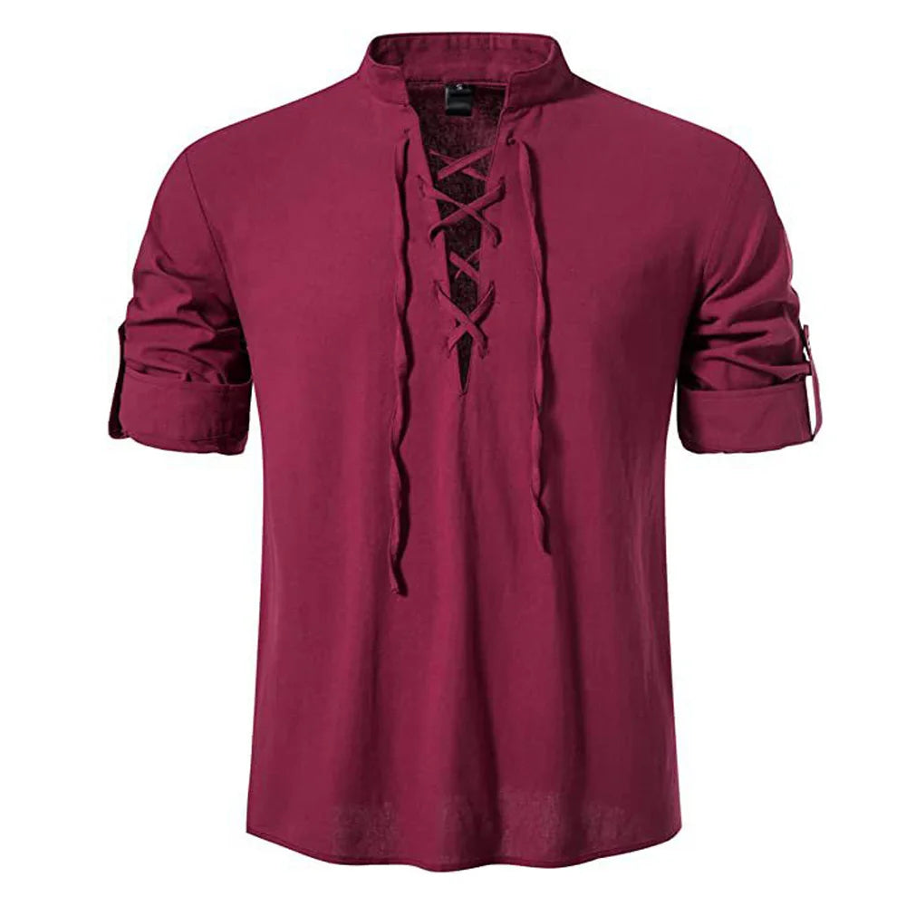 Men’s Viking Lace-Up Tunic – Nordic Medieval Cotton Linen Shirt