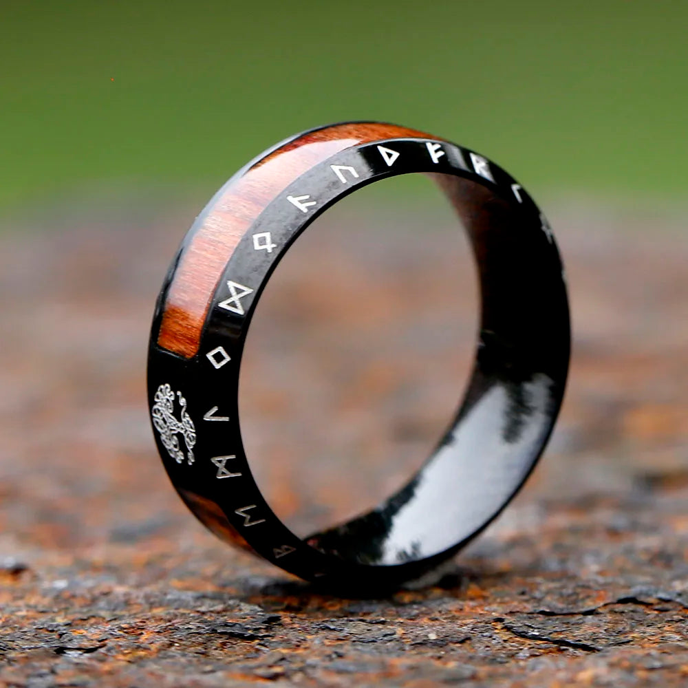 Viking Rune Ring with Wood Inlay