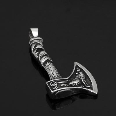 Viking Necklace - Wolf and Raven Axe Pendant