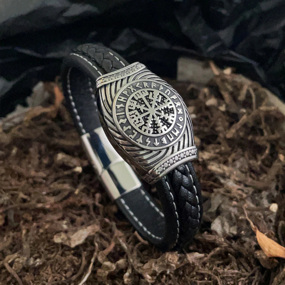 Viking Leather Bracelet - Vegvisir Runes