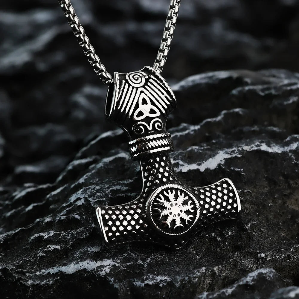 Viking Rune Titanium Steel Pendant Necklace - Thor Hammer Pendant