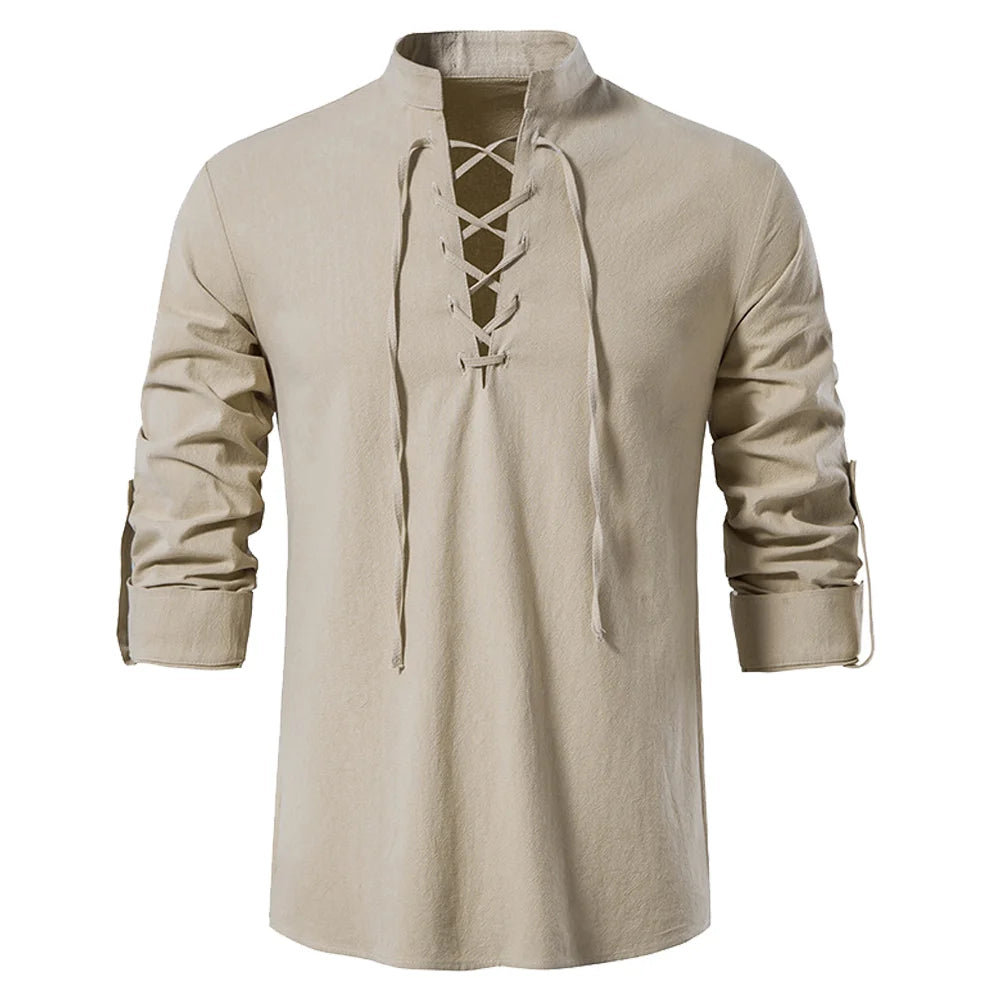 Men’s Viking Lace-Up Tunic – Nordic Medieval Cotton Linen Shirt