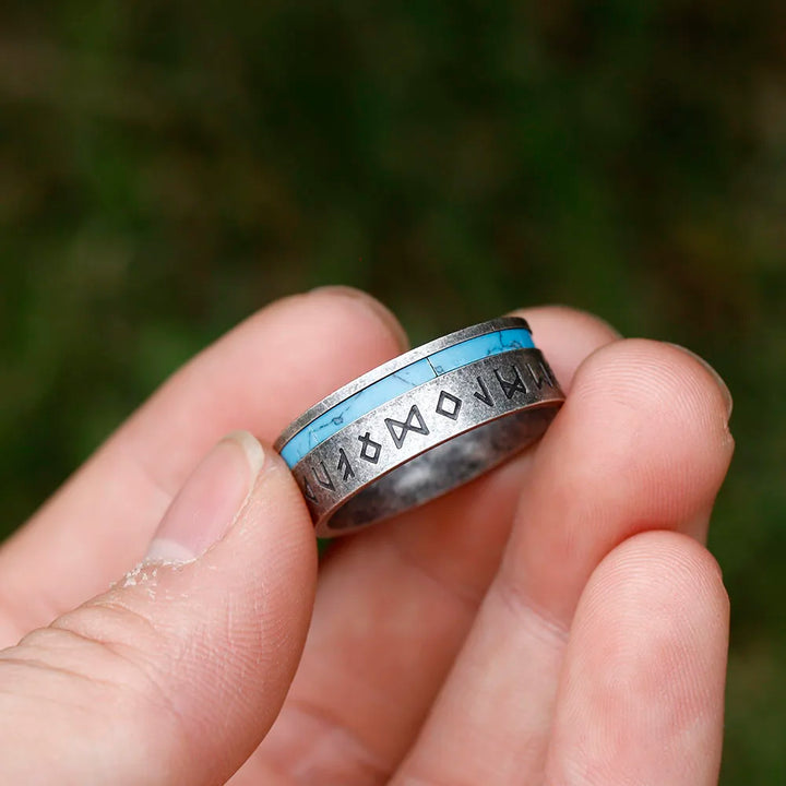 Steel Viking Ring - Rune Symbols with Light Blue Strip