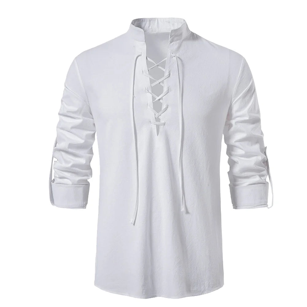 Men’s Viking Lace-Up Tunic – Nordic Medieval Cotton Linen Shirt